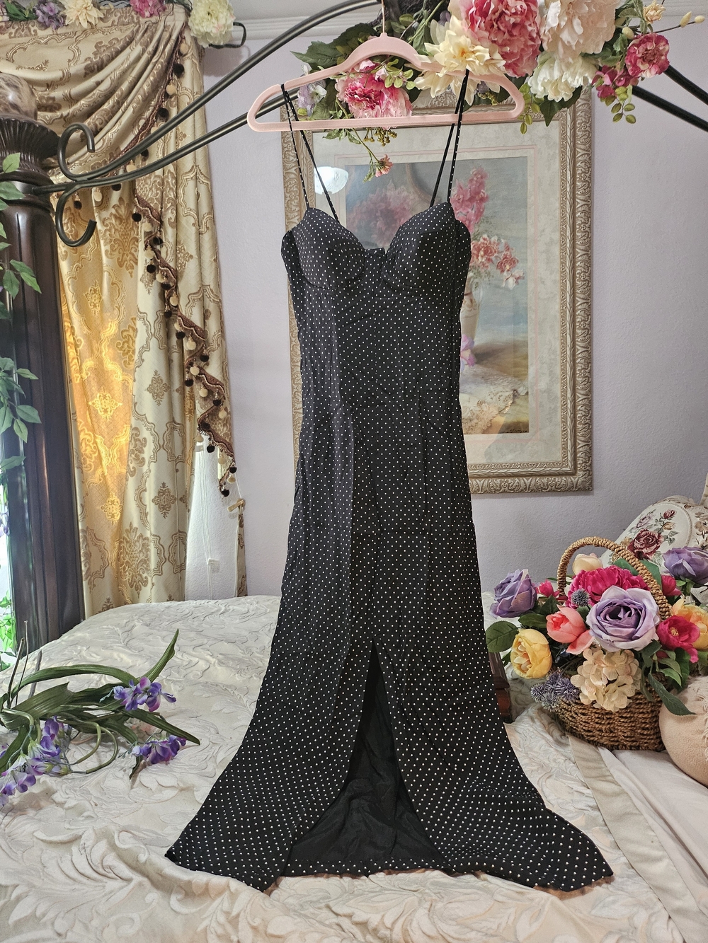 Vintage 90s Bodycon Black Polka Dot Spaghetti‑Strap Evening Dress